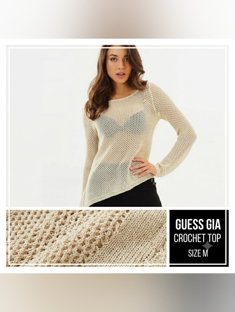 Guess Gia Cream Crochet Open Knit Sweater Top Tunic M